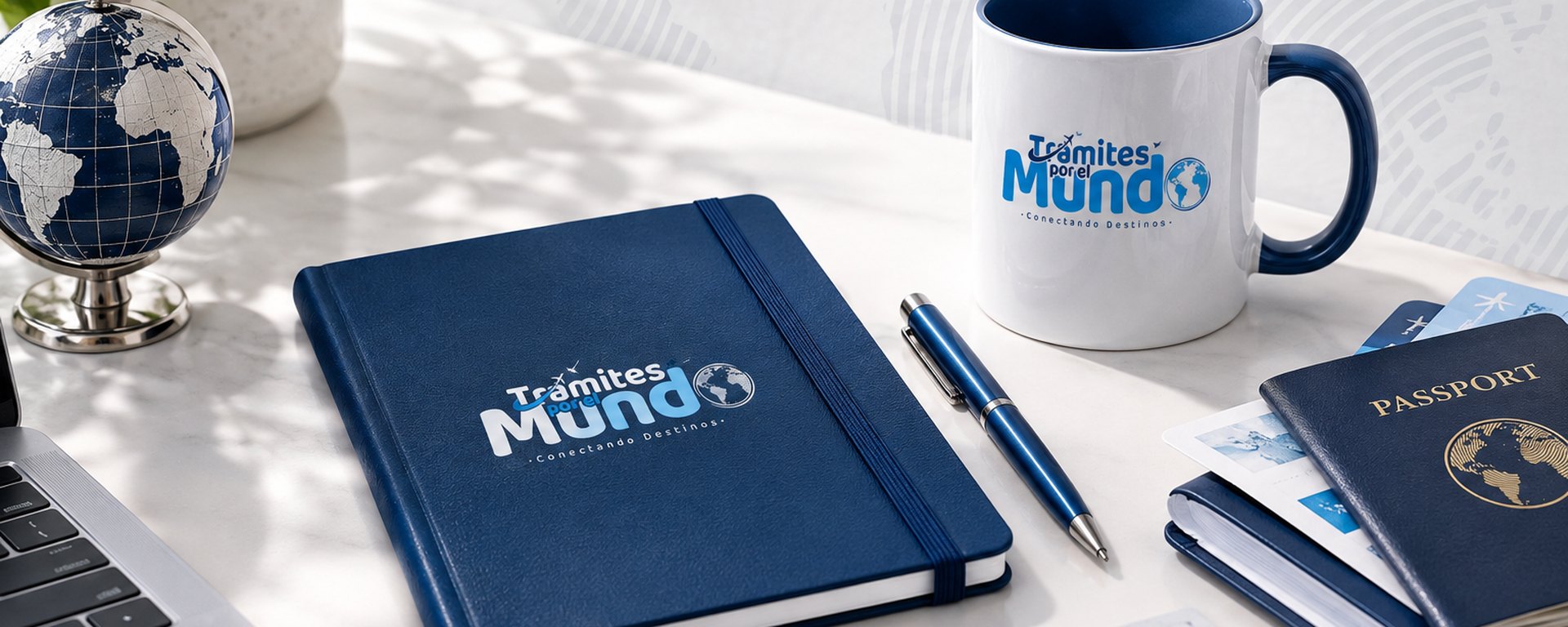 Escritorio de viajes de Trámites por el Mundo con libreta, taza y pasaporte